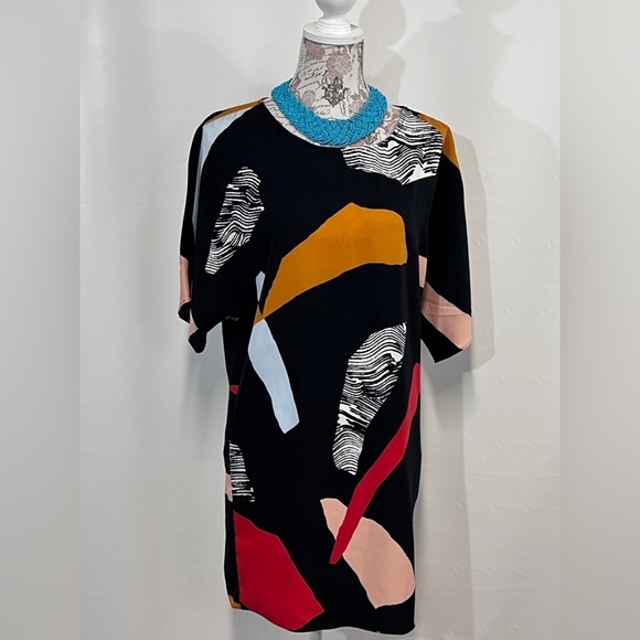 🛍️BAR III Black with red and orange abstract print shirt dress size‎ XS. - Picture 5 of 11